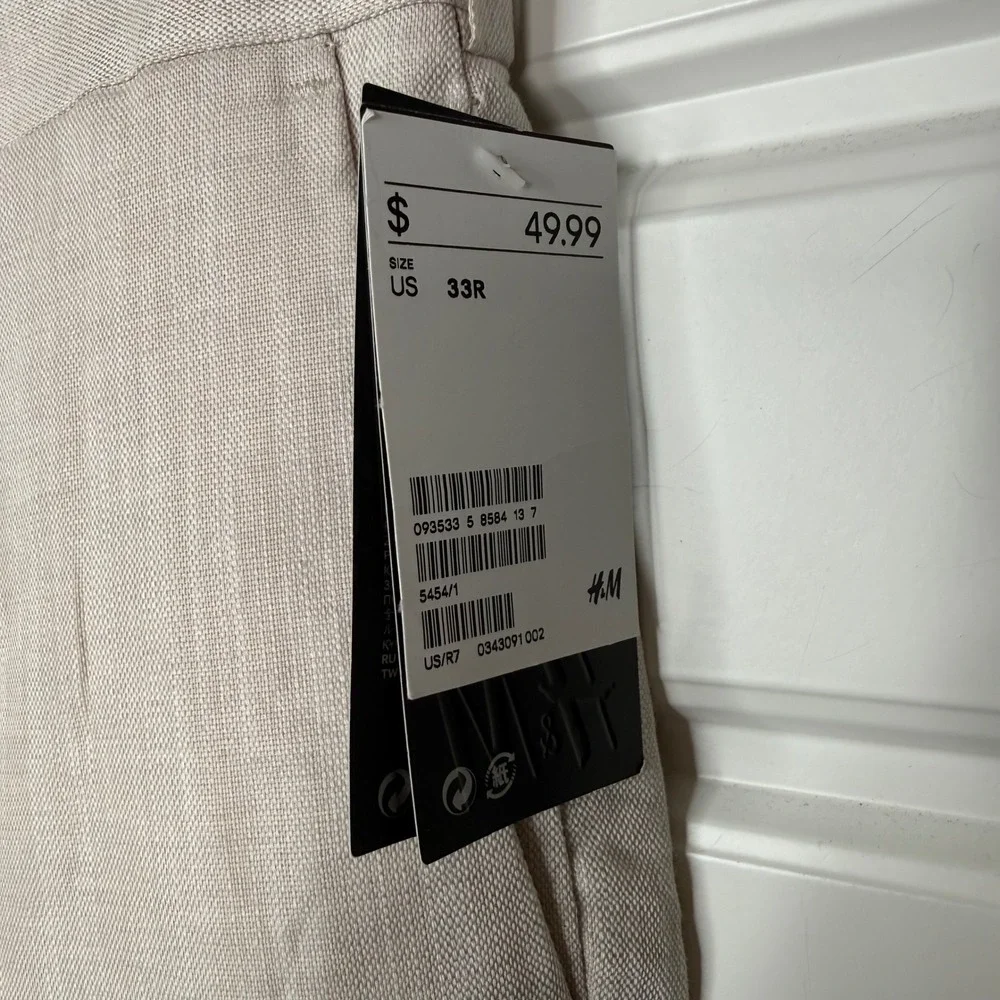 H&M Linen Blend Dress Pants Mens 33R (33/32) Beige Flat Front Summer Trouser NWT